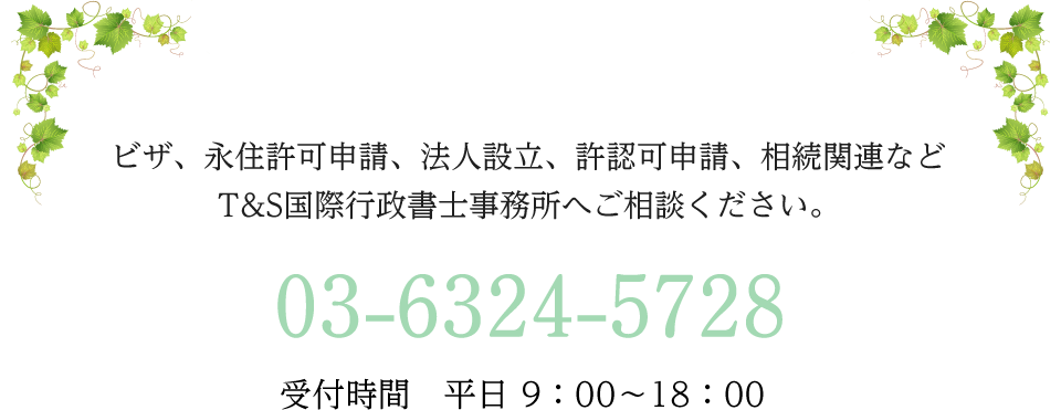 ビザ、永住許可申請、法人設立、許認可申請、相続関連などT&S行政書士法人へご相談ください。
